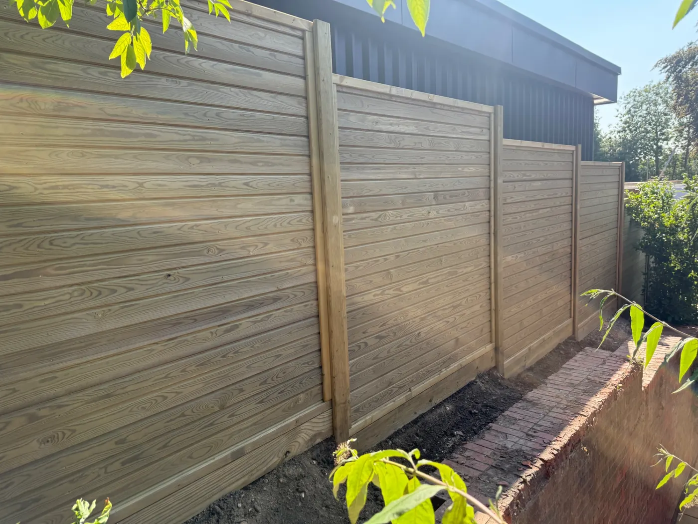 Horizontal tongue and groove fence panels installed in a Haslemere garden