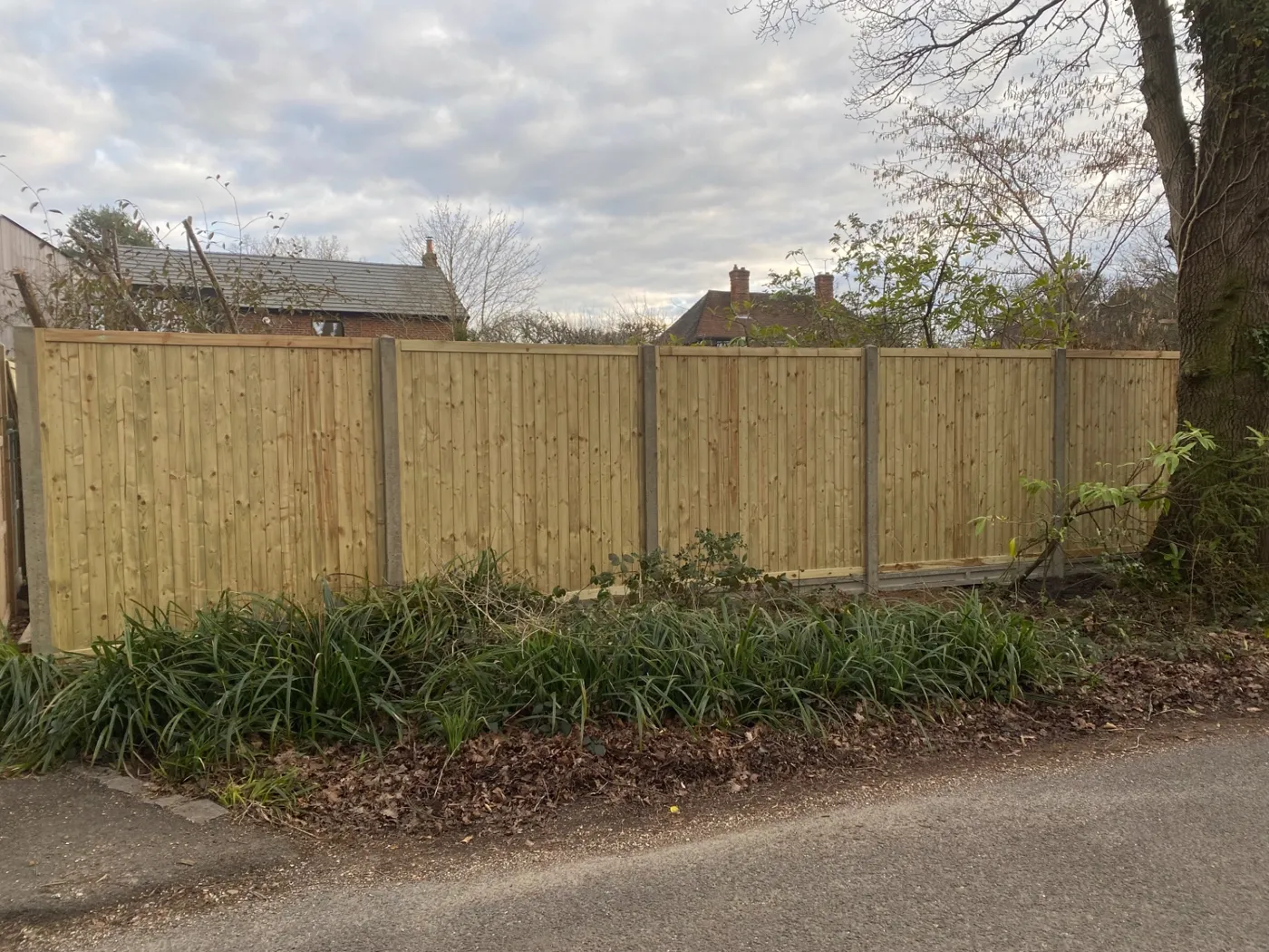 Feather edge garden fence panels facing a village lane near Haslemere
